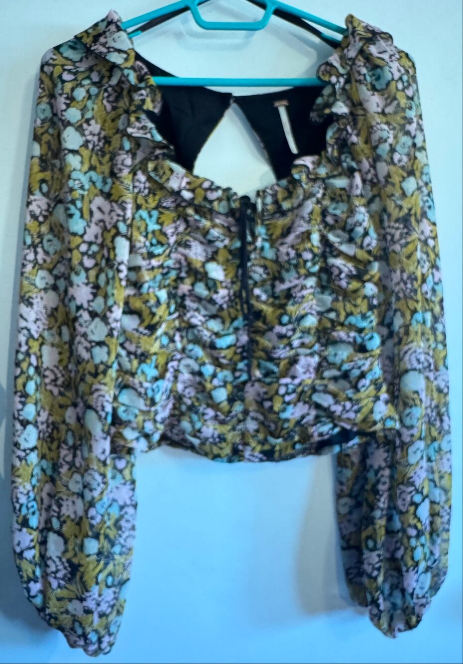 Free People Mable Floral Ruched Smocked Blouse XS Balloon Sleeve Lace Up